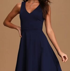 Lulu’s NWT Bon Appetit Navy Blue Skater Dress Stretch Ruffle Skirt‎ Fit Flare S